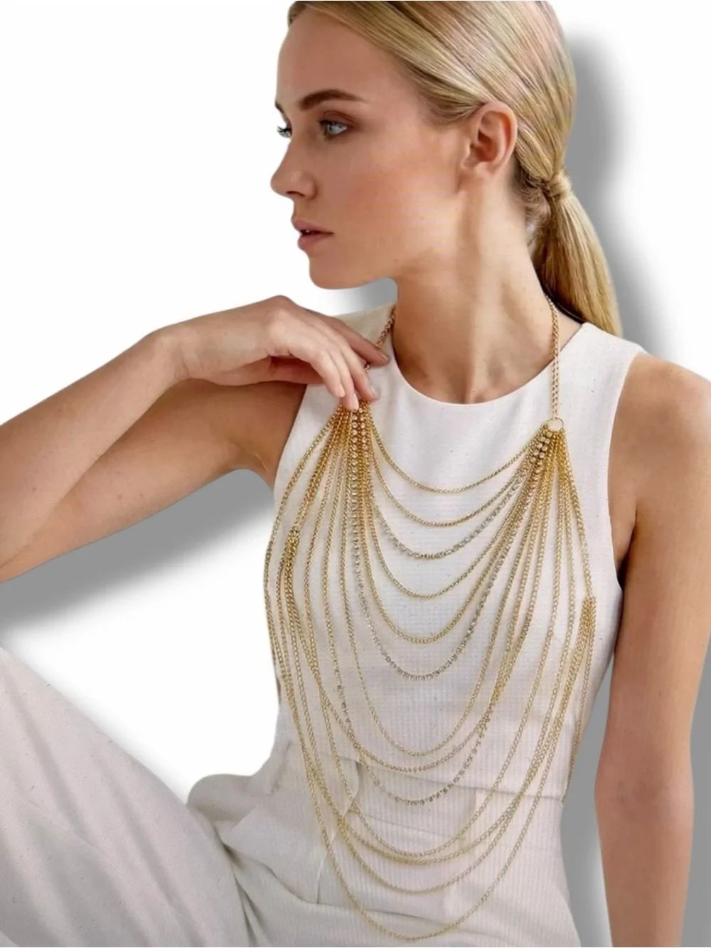 Gold Rhinestone Multi-Layer Body Chain Necklace NWT